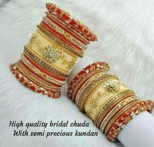 Rajwadi Dulhan Set Wedding Kundan Red White Chura Bridal Bangle Acrylic Plastic - £74.31 GBP