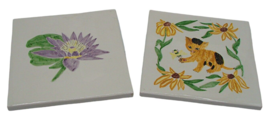 Hand-painted Ceramic Decorative Display Tiles Trivet Floral Flower Cat Animal 6&quot; - £11.56 GBP
