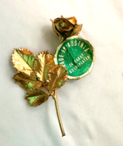 Vintage Rose Flower Pin, 24 kt Gold Plated, Real Vienna Wood Leaves, Austria , - £23.59 GBP