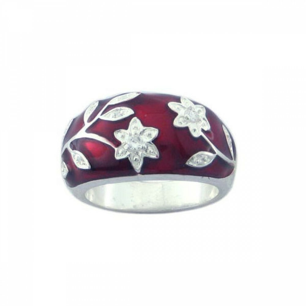 Sterling Silver 925 Rhodium Plated Red Enamel CZ Flower Ring Size 9 - $58.95