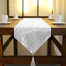 Shinybeauty 12X48-Inch Silver-Tassel Table Runner, Small Sequined Sparkl... - £9.22 GBP