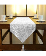 Shinybeauty 12X48-Inch Silver-Tassel Table Runner, Small Sequined Sparkl... - £9.35 GBP