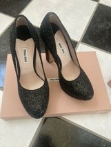 NIB 100% AUTH Miu Miu Black Glitter-Finished Leather Platform Pumps Sz 3... - $394.02