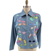 VTG 80s 90s Anage Cotton Denim Jacket Sunglasses Themed Sz L Embroidered - $62.37