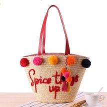 Women Summer Beach Bag With Hairball Tel Lady Large Tote Letter Messager Bag Gir - £65.01 GBP