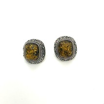 Vintage Sterling Sign 925 PL Filigree Cabochon Yellow Amber Stone Stud Earrings - £51.71 GBP