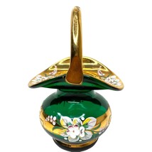 Vintage Bohemian Czech Art Glass Basket Green Enameled Applied Flowers Gold Trim - £117.89 GBP