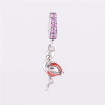925 Sterling Silver Flamingo  Animal Dangle Charm with Zirconia and Pink Enamel - £12.39 GBP