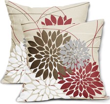 Brown Red Pillow Covers 18x18 Dahlia Flower White Gray Elegant Colored Throw - £28.30 GBP