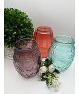 Set of 3 Polatis DPS Textured Glass Vases – Amethyst, Aqua &amp; Coral – Dia... - $30.06