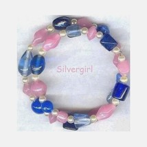 Colorful Hand Created Memory Wire Wrap Beaded Bracelet Pink Blue - $18.99