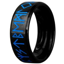 Viking Blue Rune Ring Black Stainless Steel Norse Protection Luck Celtic Band - £14.38 GBP