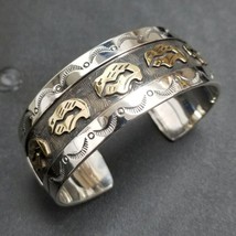 NAVAJO Silver Gold Heartline Buffalo Bracelet Overlay Cuff Mens s7.5, C Peterson - £384.82 GBP