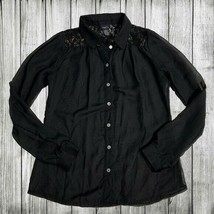 Wednesday Shirt  Women&#39;s Small Sheer Black Gold Lace Shoulder Detail Button Down - £3.95 GBP