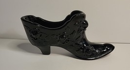 Fenton Black Glass Slipper with Heel Cabbage Rose image 9