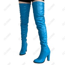 Customization Handmade Women Winter Thigh Boots Faux Leather Square Heels Round  - £146.27 GBP