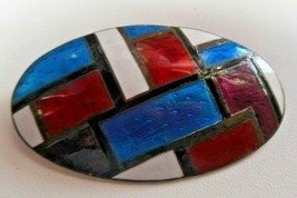 Vintage Signed Silver Red, Blue, White, Black Enamel Oval Brooch/Pendant - $54.45