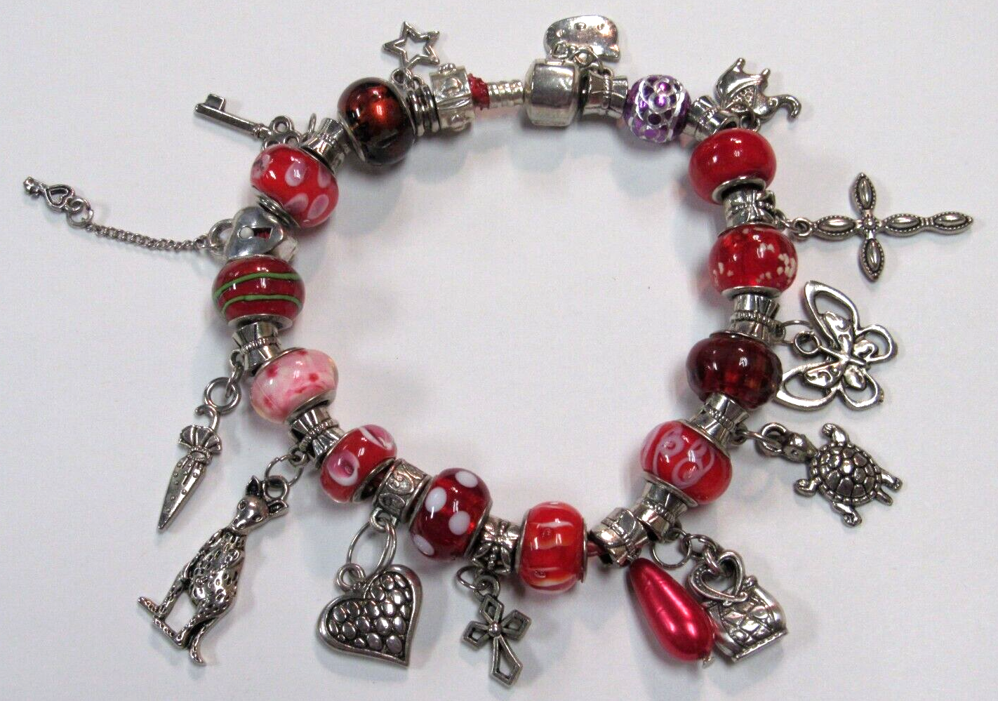 Primary image for 925 Silver Tone Red Murono Style Hello Kitty Charm Bracelet 9" Crosses Heart Key