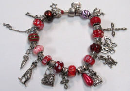 925 Silver Tone Red Murono Style Hello Kitty Charm Bracelet 9&quot; Crosses H... - $49.49