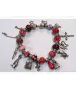925 Silver Tone Red Murono Style Hello Kitty Charm Bracelet 9&quot; Crosses H... - $49.49