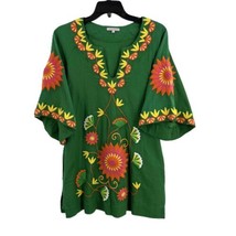 Frances Valentine Green Floral Embroidered Bell Sleeves Tunic Dress Womens Small - $124.69