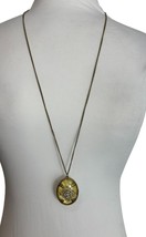 Gold Tone Necklace Oval Pendant Yellow Faux Stone Rhinestones Tunic Length 33&quot; - $11.88