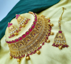 Bollywood Style Gold Plated Indian Choker Necklace Earrings Ruby Jewelry Set - £75.13 GBP