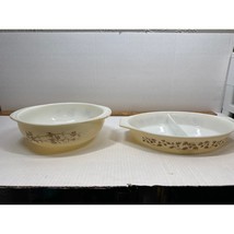 Pyrex 024 Golden Branch Bowl &amp; 1 1/2 Quart Gold Acorn Divided Casserole - €28,21 EUR