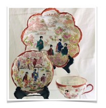 Japanese Geisha Bowl &amp; Teacup Bone China Hand-painted Antique Garden Motif - $45.60