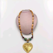 Lady Remington Vintage Necklace Chunky Wood Boho W/Large Gold Heart Pendant - £33.58 GBP