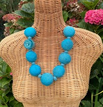 Blue Textile art light weight felted ball swirl necklace with sushi bead - £30.68 GBP