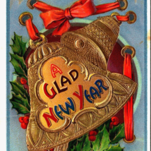 c1910 Glad New Year Gold Holly Bells Bow Samson Embossed Divided Back Postcard - £20.05 GBP