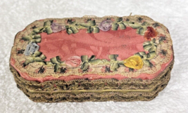 Antique Silk Rose Compact w 2 Puffs Pink w Gold Metal Trim - $94.05