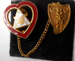 Vintage Moose Lodge HFC Heart Triangle Lapel Pin w/Chain WOTM Shield Pin - $9.89