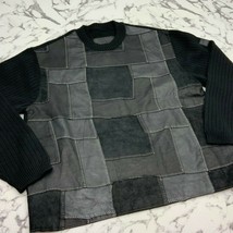 Men&#39;s Davoucci Black Patch Work Genuine Leather Crewneck Sweater - £118.62 GBP