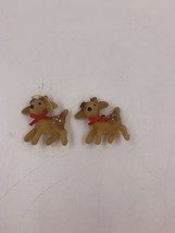 Vintage Felt Covered Reindeer Mini Christmas Ornaments Spots Bows Set Of 2 - $10.39
