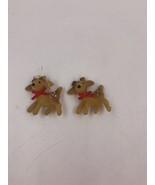 Vintage Felt Covered Reindeer Mini Christmas Ornaments Spots Bows Set Of 2 - £8.17 GBP