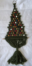 Vintage Green Macrame Christmas Tree Wall Hanging Colorful Wooden Beads MCM Boho - $24.74