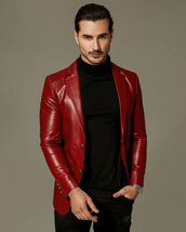 Classic Mens Pure Lambskin Leather Blazer Soft 2 BUTTON Red Jacket Coat - £110.19 GBP
