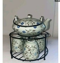 Pier 1 Tomoko Tea Set Includes Teapot 4 Cups and Metal Stand 8.25x8&quot; 21.25x20.25 - £18.73 GBP