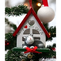 I Love My Cat Christmas Tree Ornament Gray Kitten House with Bell - $14.97