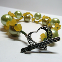 Sterling 925 Silver Toggle Clasp Beaded Yellow Green Cluster Heart Bracelet - $39.60