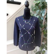 Alfred Dunner Sweater Women Small Navy Knit Beaded Sequin Long Sleeve Round Neck - £21.20 GBP