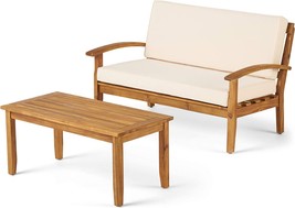 Outdoor Acacia Wood Loveseat And Coffee Table Set With Water Resistant Cushions, - £445.83 GBP