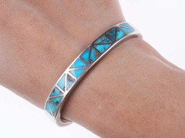 6 3/8&quot; Vintage Zuni silver turquoise channel inlay bracelet - £239.34 GBP