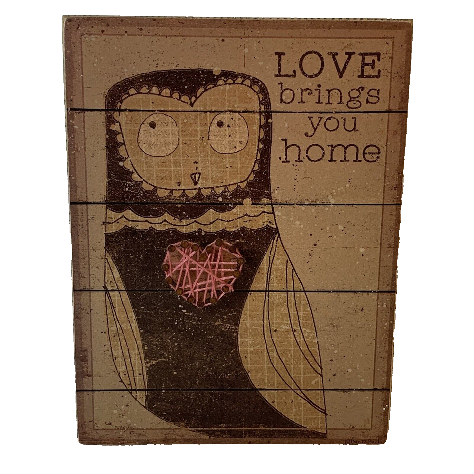 Primary image for Primitives By Kathy Wooden Owl Block Sign Love Brings You Home 8 x 6 Inch Decor