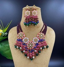 Gold Plated Bollywood Indian Pearl Kundan Bridal Enameled Jewelry Necklace Set - £36.60 GBP