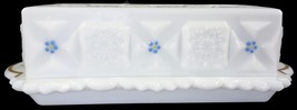 Westmoreland Milk Glass w/HP Forget Me Nots Old Quilt 7.5&quot;l Covered Butt... - £71.71 GBP