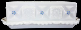 Westmoreland Milk Glass w/HP Forget Me Nots Old Quilt 7.5&quot;l Covered Butt... - £70.47 GBP