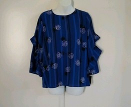 Alfani Women&#39;s 3/4 Ruffle Sleeve Half Zip-Back Striped Floral Sleuth Blue Sz PM - £20.59 GBP